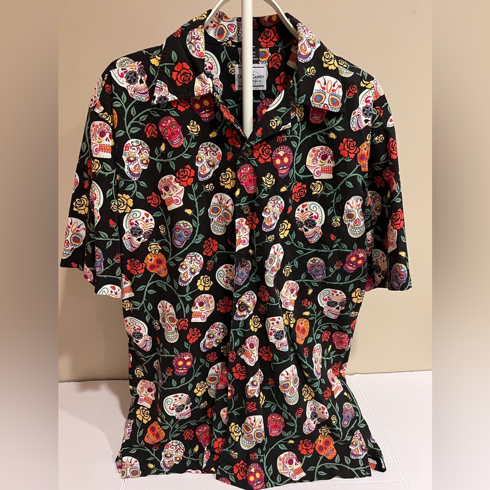 David Carey Men's Sugar Skull's Calaveras Day Of The Dead Hawaiian Camp Shirt L